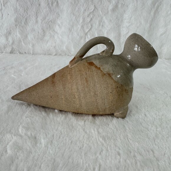 Vintage Handcrafted Ceramic Amphora Style Vase Handle Tripod Base Beige & Gray - Picture 3 of 9
